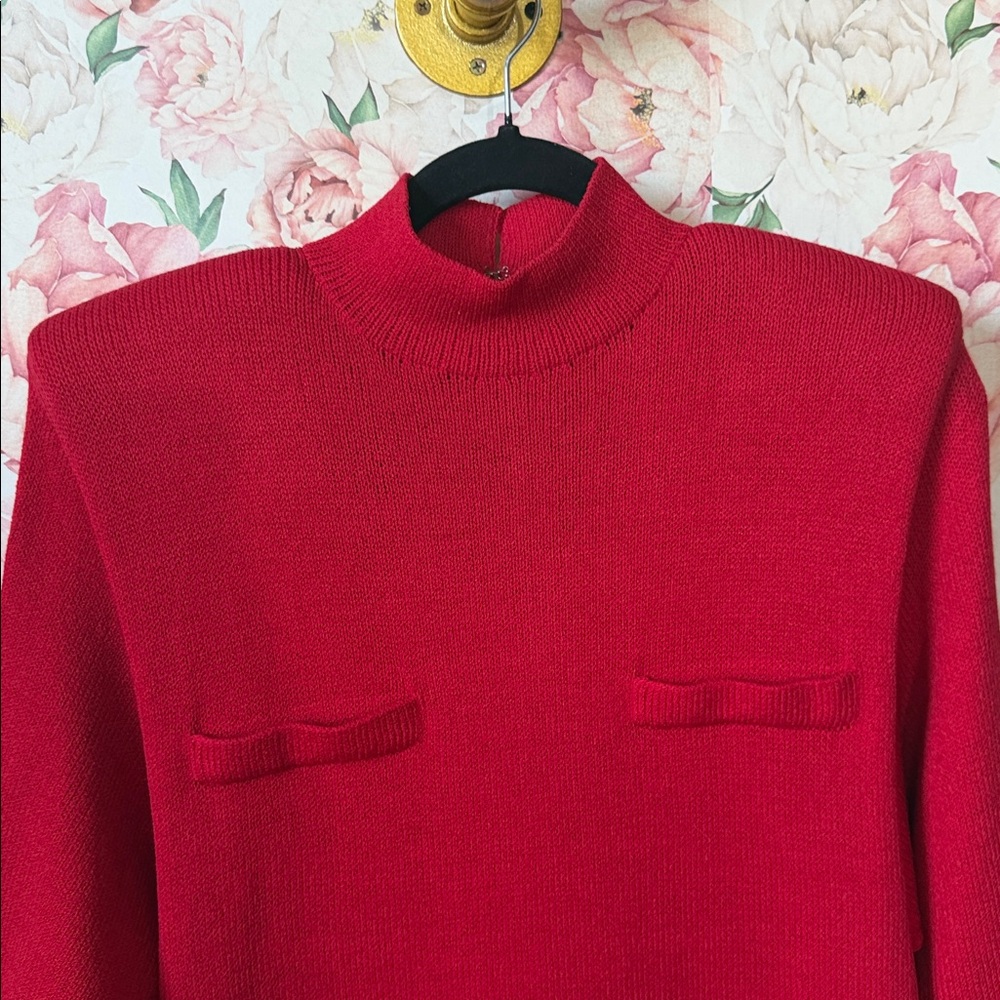 EUC St John Marie Gray RED Santana Knit Shoulder Pads Midi Shift Dress Formal 10 - Picture 5 of 9